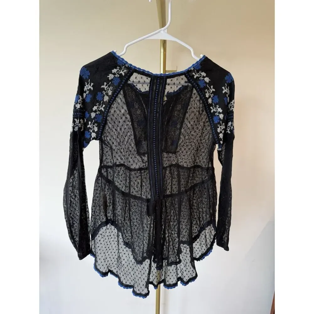 Free People Black Blue Embroidered Tassel Lace Blouse XS Boho Festival Y2K